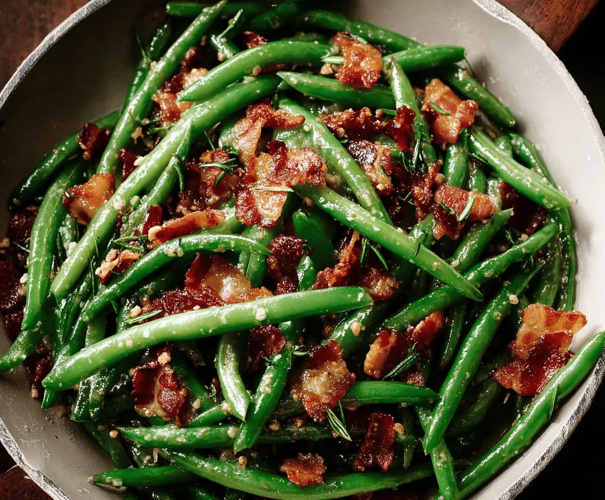 Delicious green beans cooked with crispy bacon for a flavorful side dish.