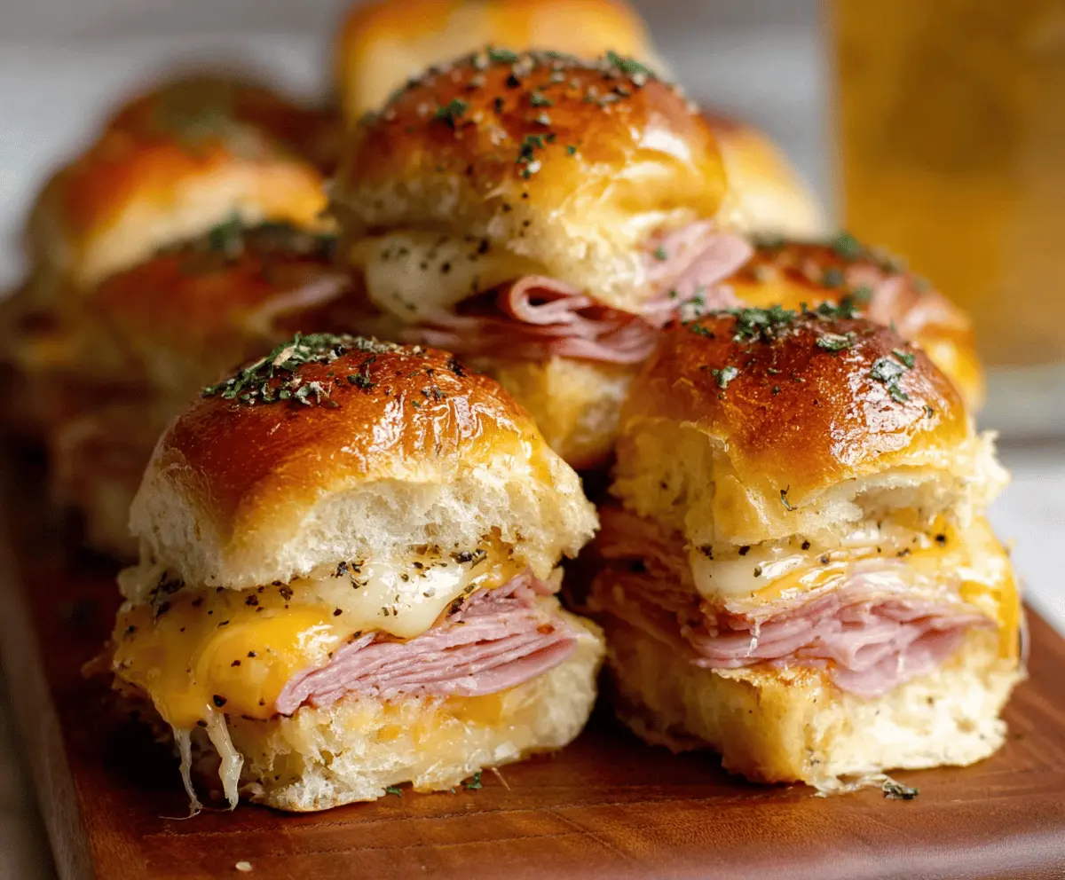 Delicious ham and cheese sliders fresh out of the oven, perfect for any party or gathering.