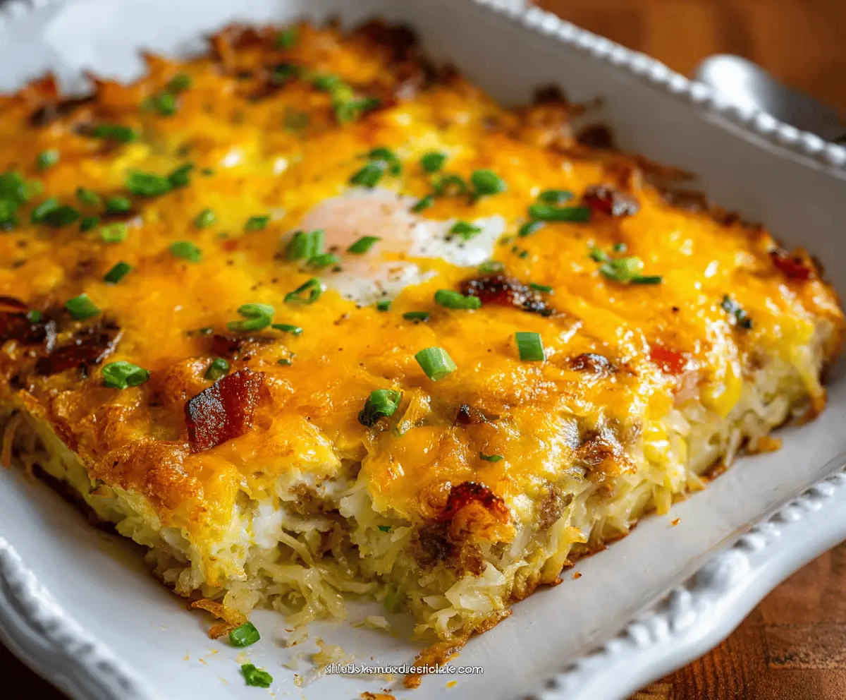 Delicious hashbrown breakfast casserole with eggs and melted cheese served hot.