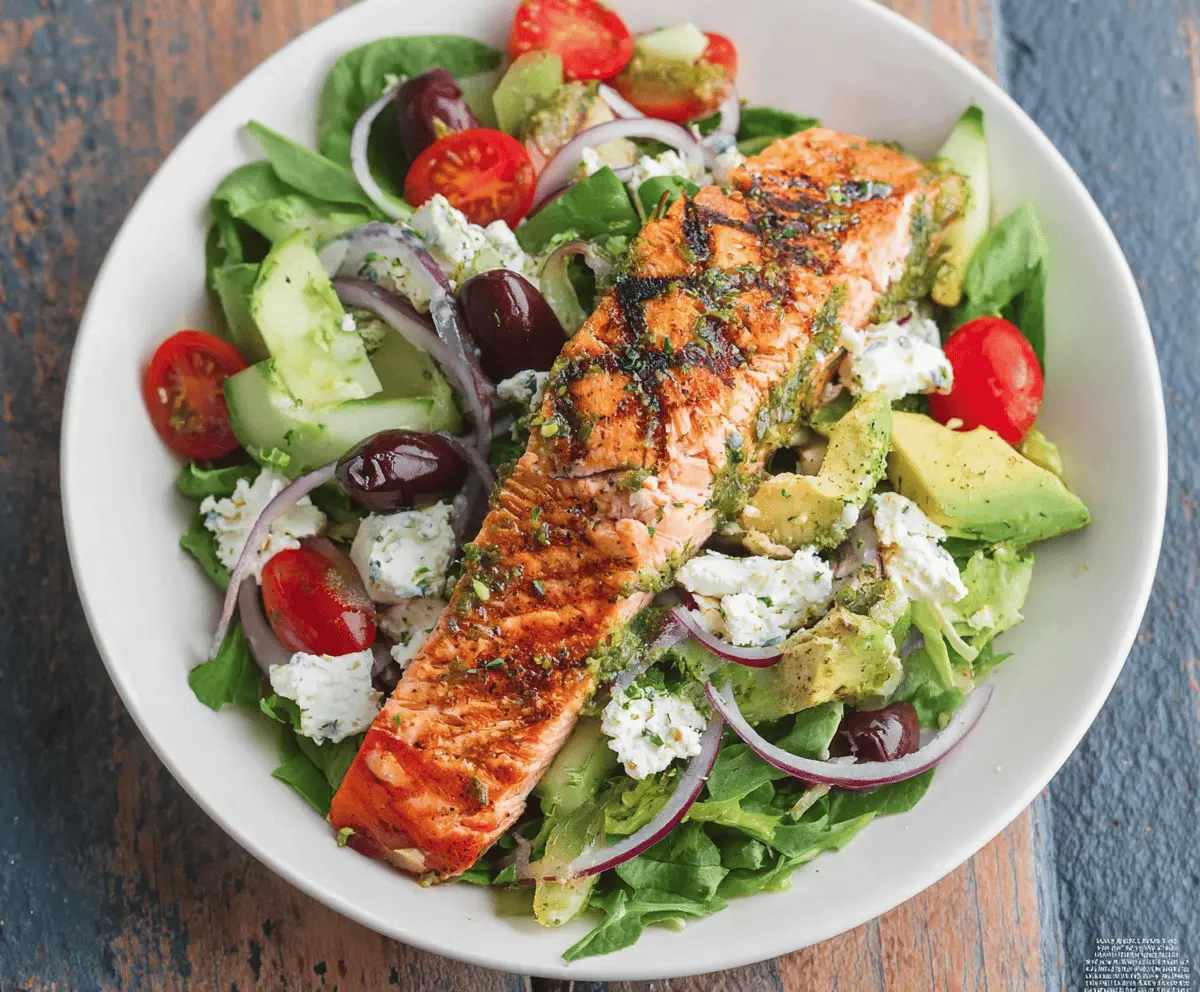 Fresh healthy salmon salad with colorful vegetables on a white plate