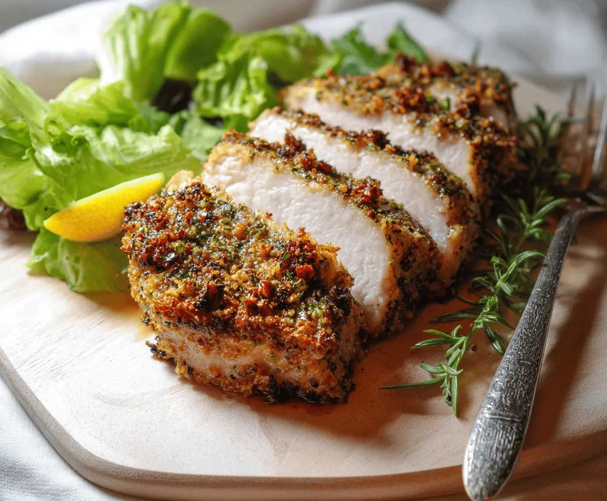 Herb Crusted Pork Chops served on a plate with fresh herbs and vegetables