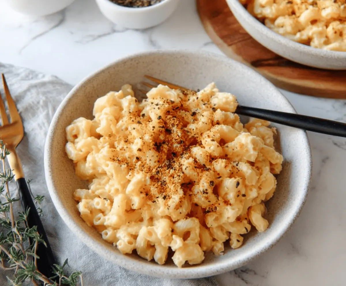 Creamy high protein mac and cheese dish with melted cheese and pasta for a satisfying meal.