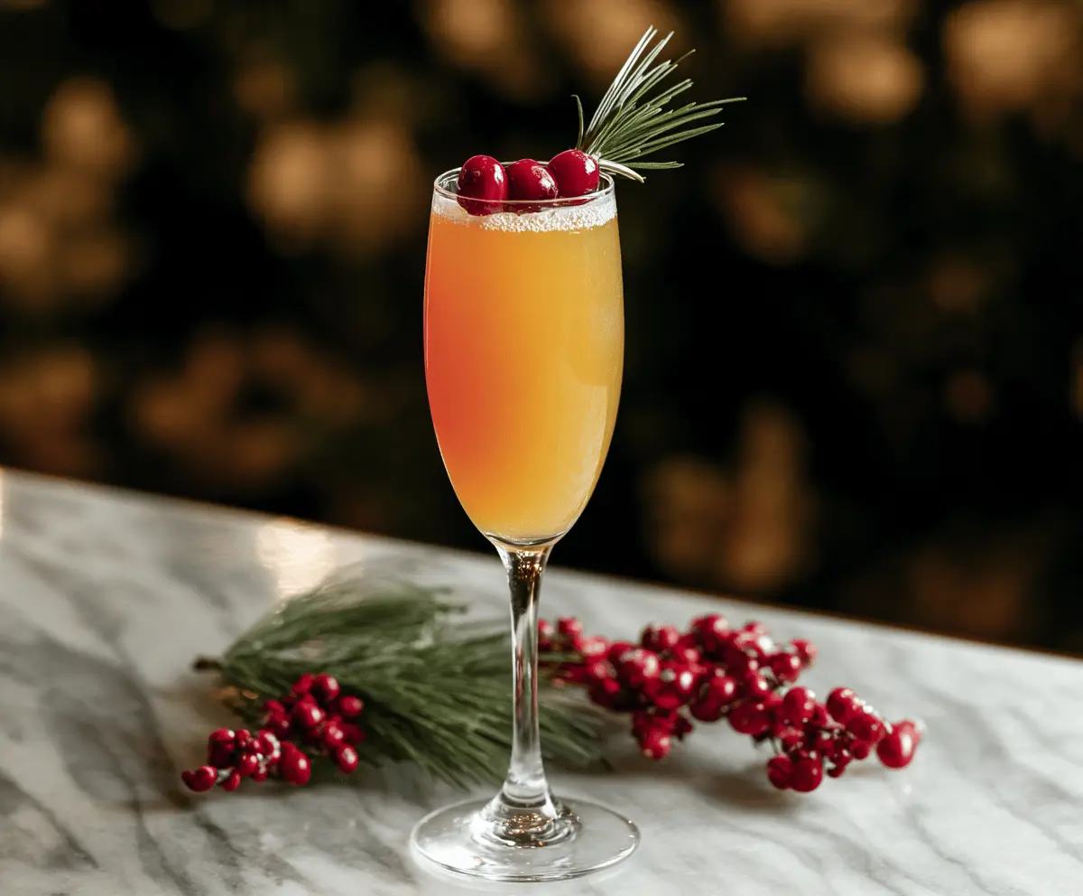 Festive Holly Jolly Mimosa in a champagne flute topped with orange slices and cranberries for holiday celebration.