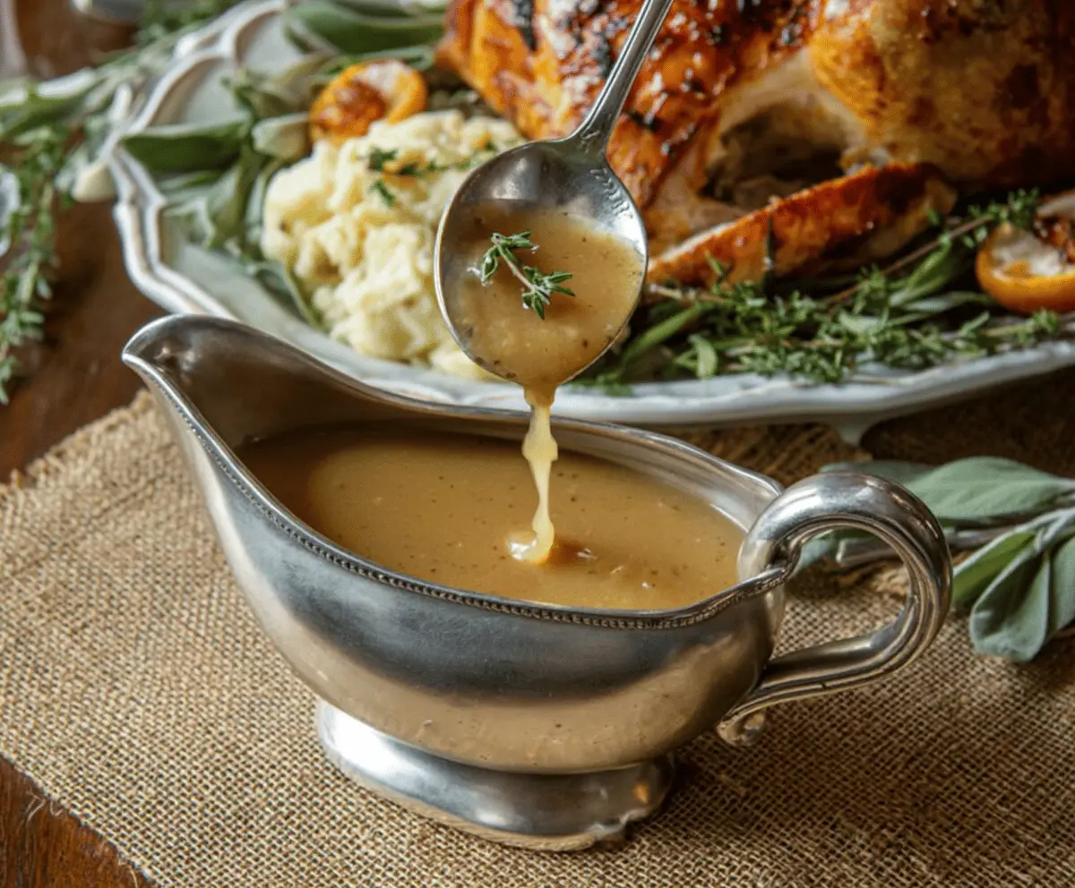 Homestyle turkey gravy served over a turkey dinner on a festive table.
