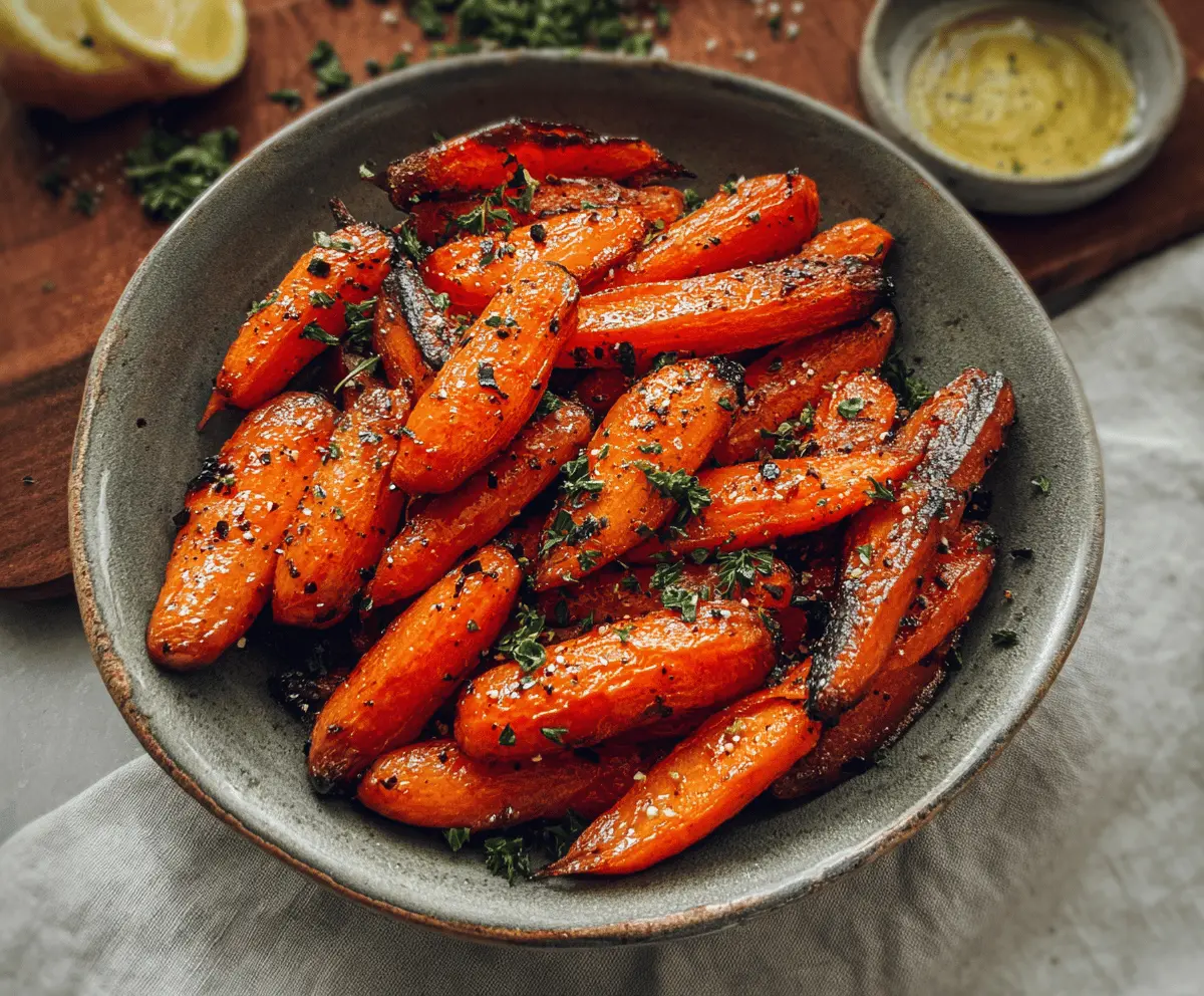 Sweet honey glazed roasted carrots served as a healthy side dish.