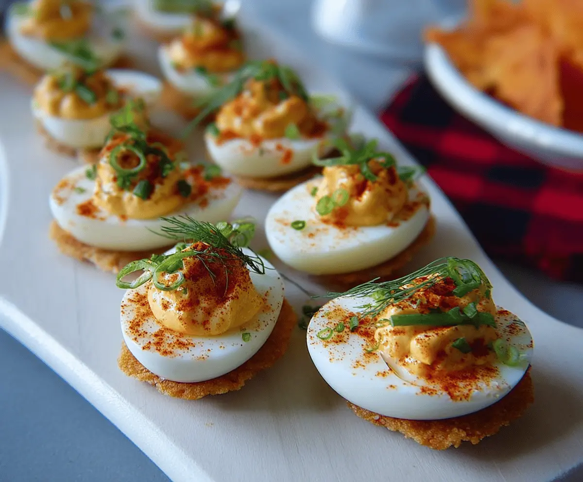 Delicious Hot Honey Deviled Eggs with spicy topping and creamy filling served on a plate.