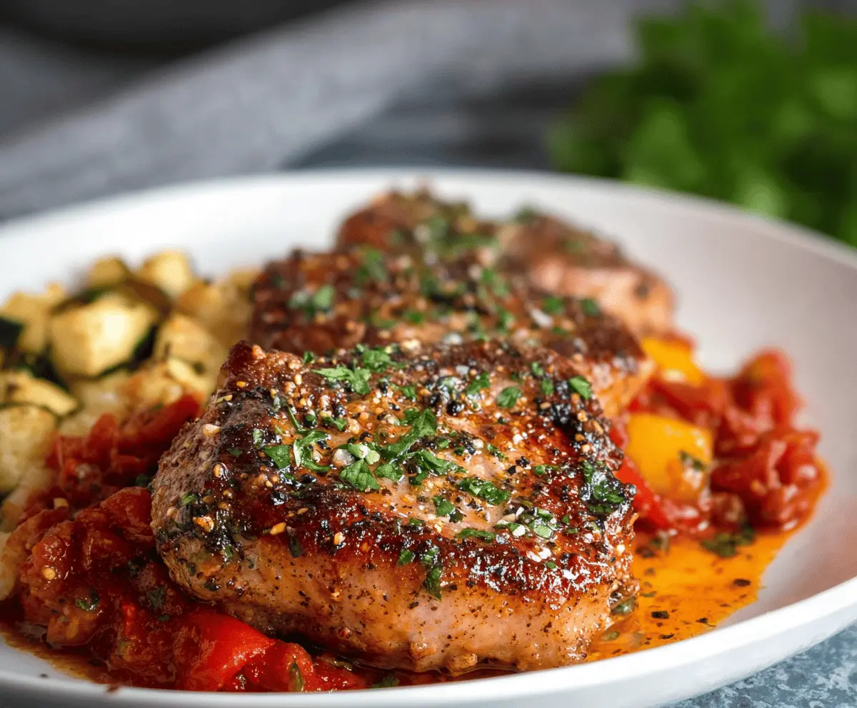 Juicy Italian pork chops served with fresh herbs and garlic on a rustic platter