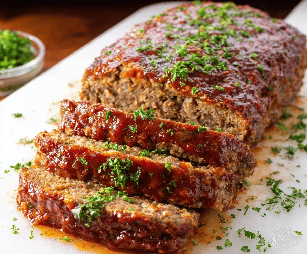 Delicious keto meatloaf topped with savory herbs served on a rustic plate.