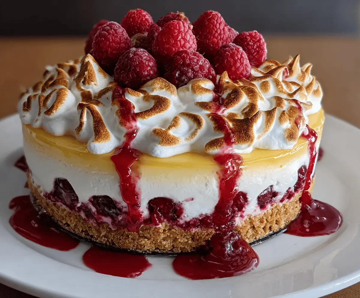Delicious Lemon Raspberry Meringue Cheesecake with a fluffy meringue topping and fresh raspberries.