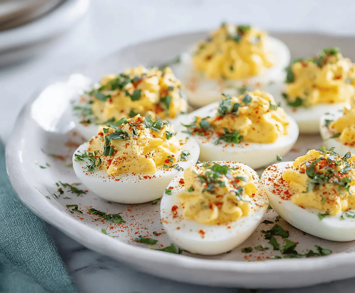 Delicious low-carb deviled eggs garnished with paprika and fresh herbs, perfect for a healthy appetizer.