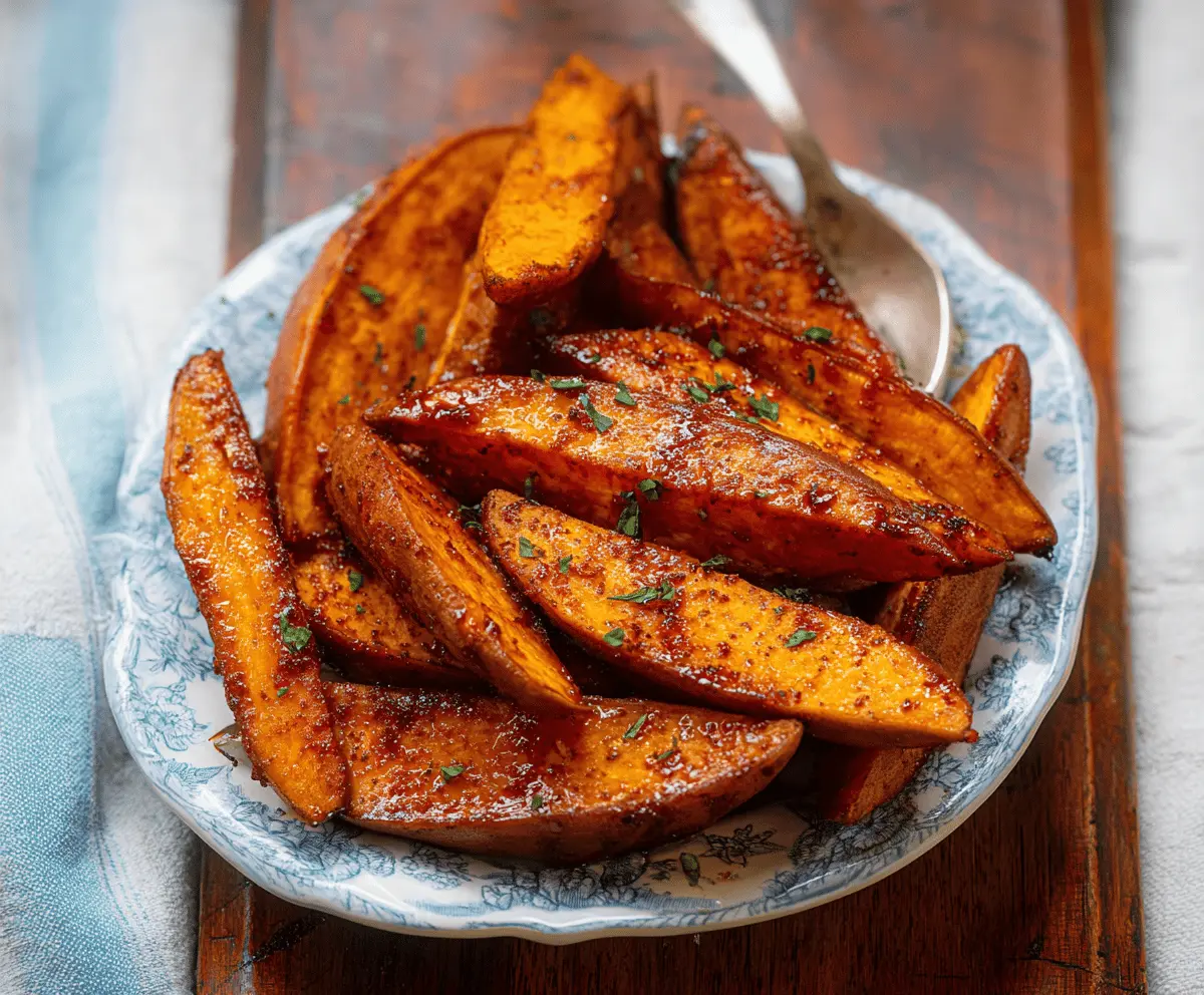 Delicious Maple Chili Sweet Potato Wedges seasoned with spices and served as a healthy snack or side dish.