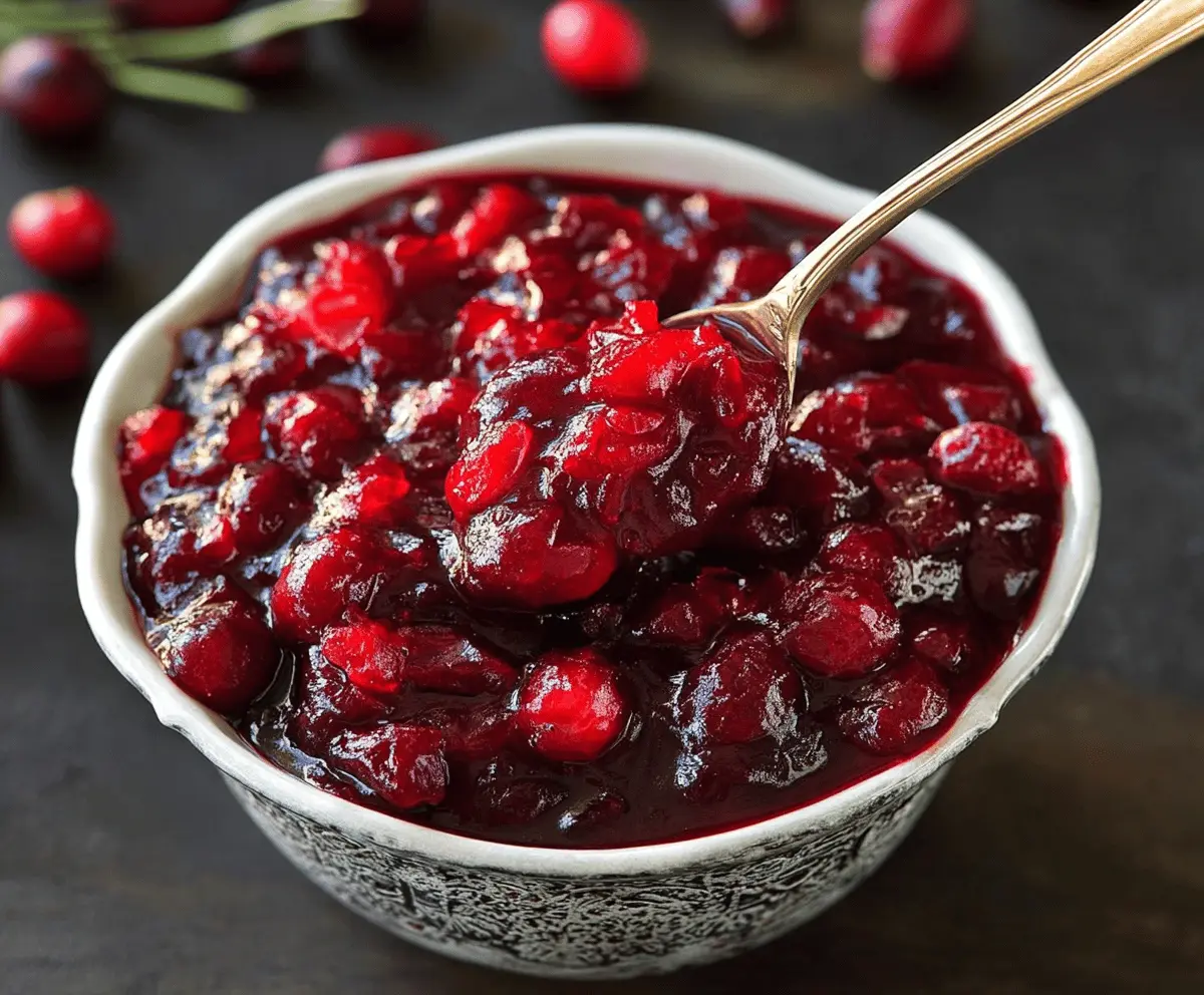 Homemade Maple Cranberry Sauce served in a glass bowl, garnished with fresh cranberries and mint for a festive holiday meal.
