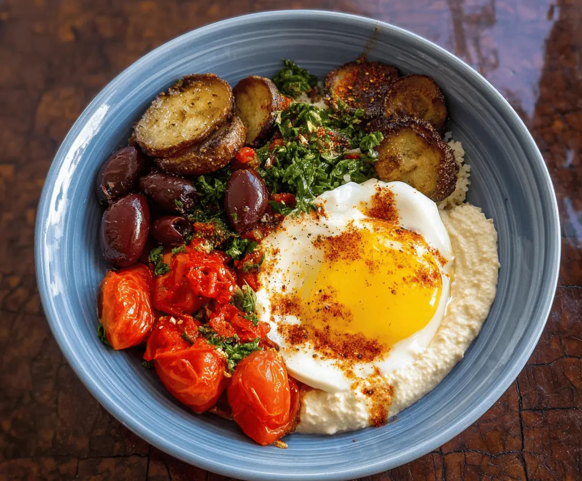 Colorful Mediterranean Breakfast Bowl with fresh vegetables, hummus, and feta cheese in a rustic bowl.