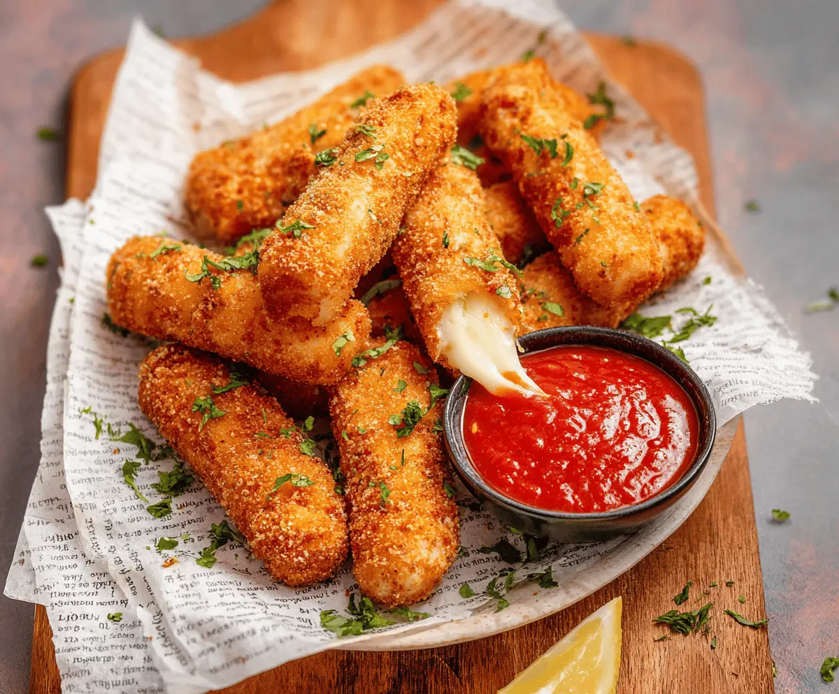 Crispy mozzarella sticks with melted cheese served with marinara sauce