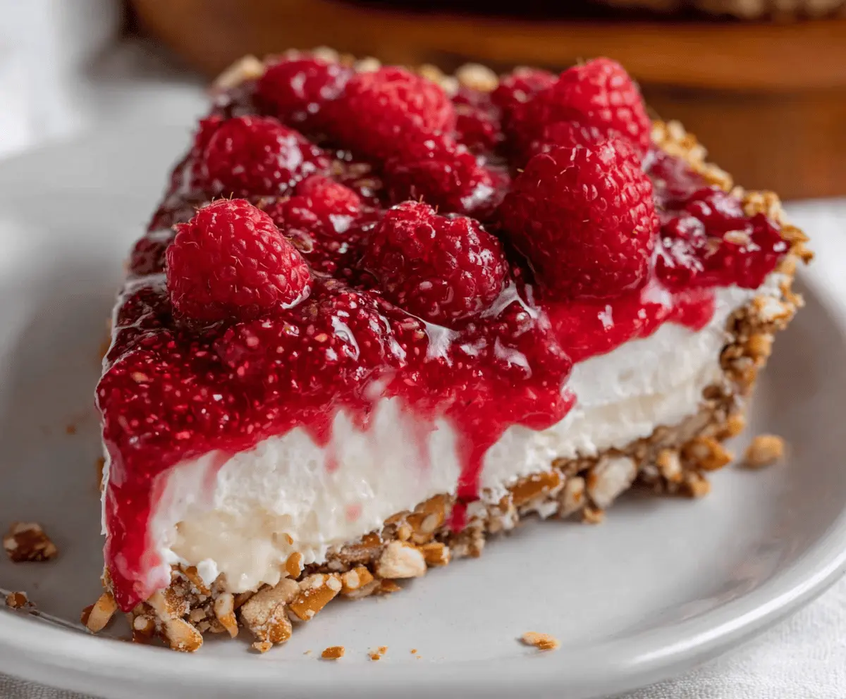 Delicious No-Bake Raspberry Pretzel Pie with a crunchy crust and fresh raspberry topping.