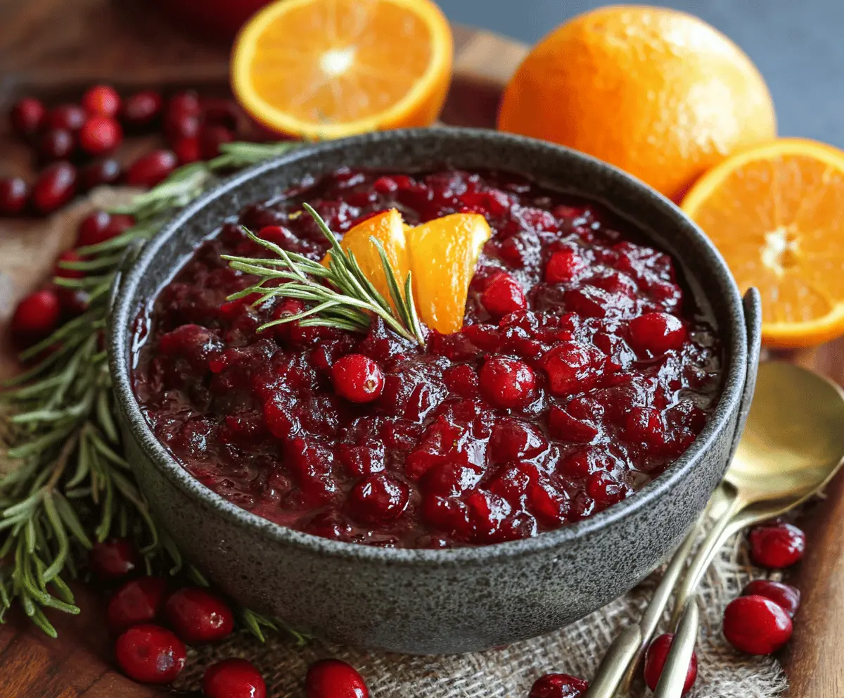 Bright orange cranberry sauce with fresh cranberries and citrus zest for holiday decoration.