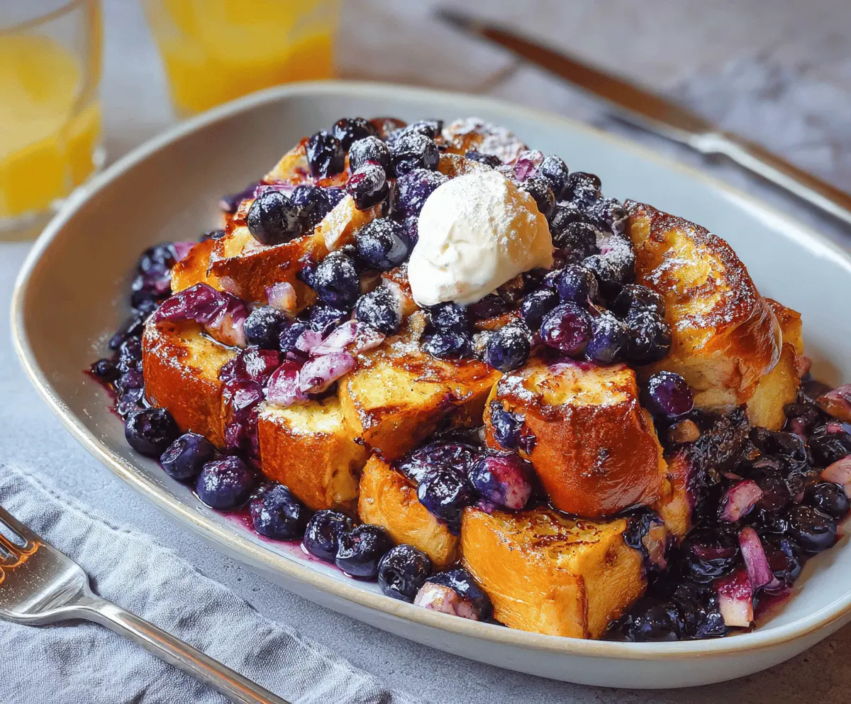 Delicious overnight blueberry French toast topped with fresh blueberries and powdered sugar.