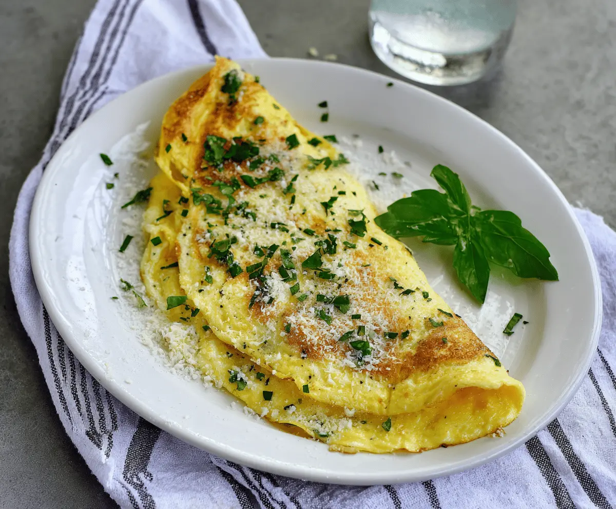 Delicious Parmesan Herb Omelet with fresh herbs and melted cheese on a breakfast plate