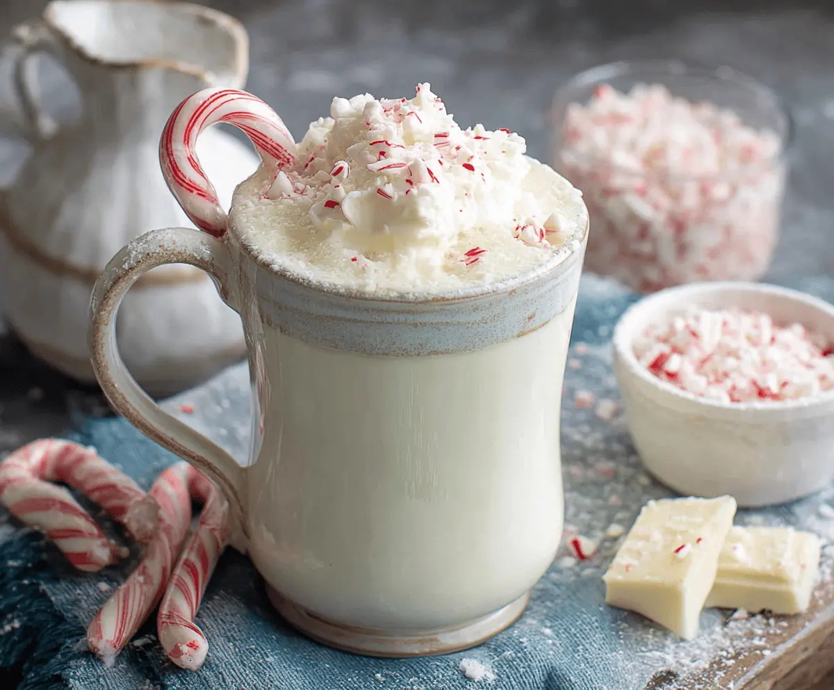Creamy peppermint white hot chocolate topped with whipped cream and crushed peppermint candies.
