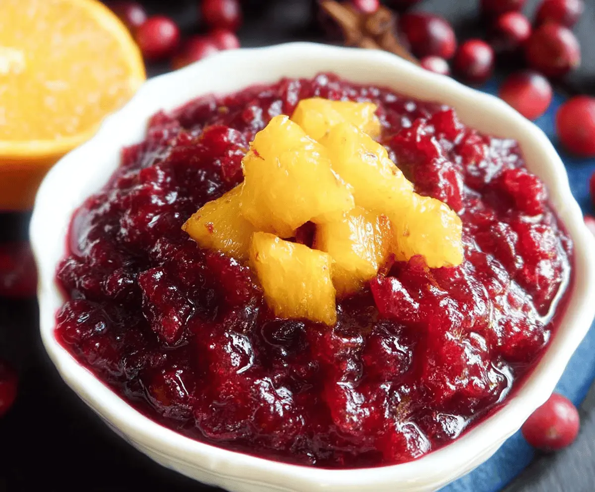 Vibrant pineapple cranberry orange sauce served in a glass bowl, highlighting its fresh ingredients and colorful presentation.