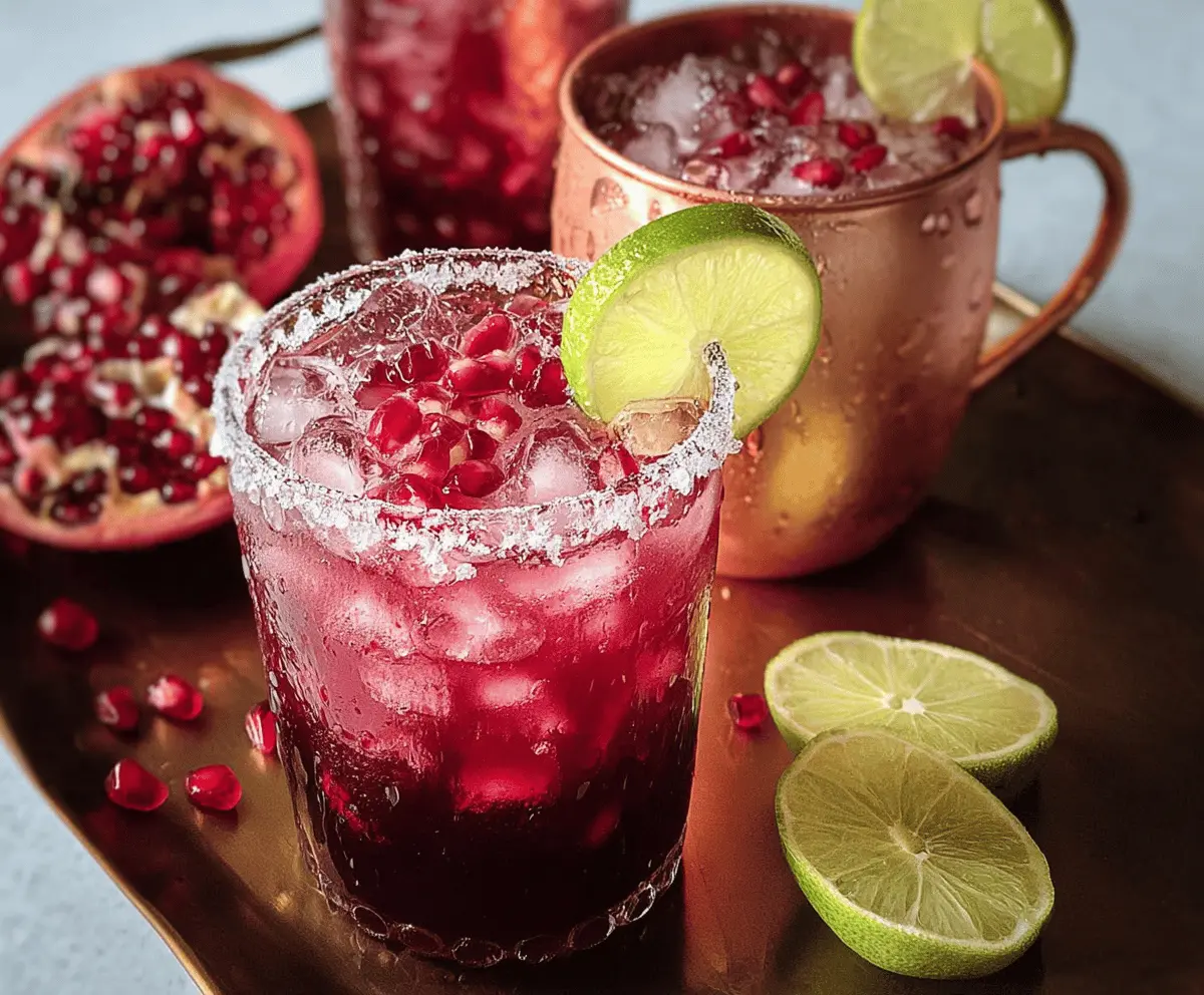 Refreshing Pomegranate Mule cocktail in a glass with pomegranate seeds and lime slice.