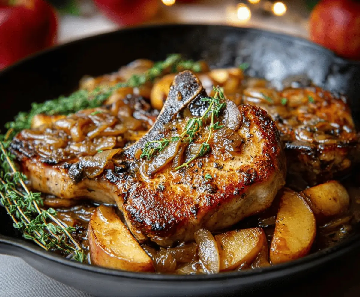 Juicy pork chops cooked with apple cider, garnished with fresh herbs, on a rustic wooden table.