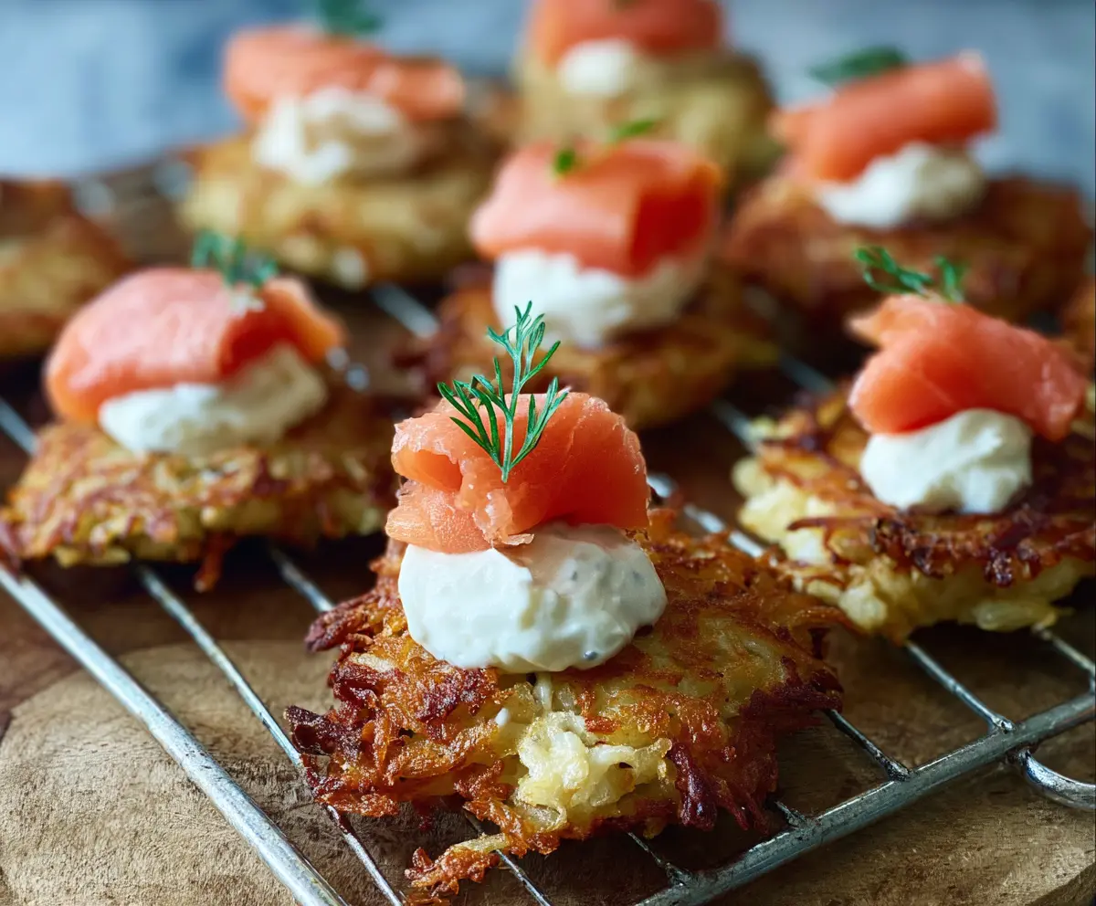 Crispy Potato Latke Bites topped with Smoked Salmon and fresh herbs on a serving platter