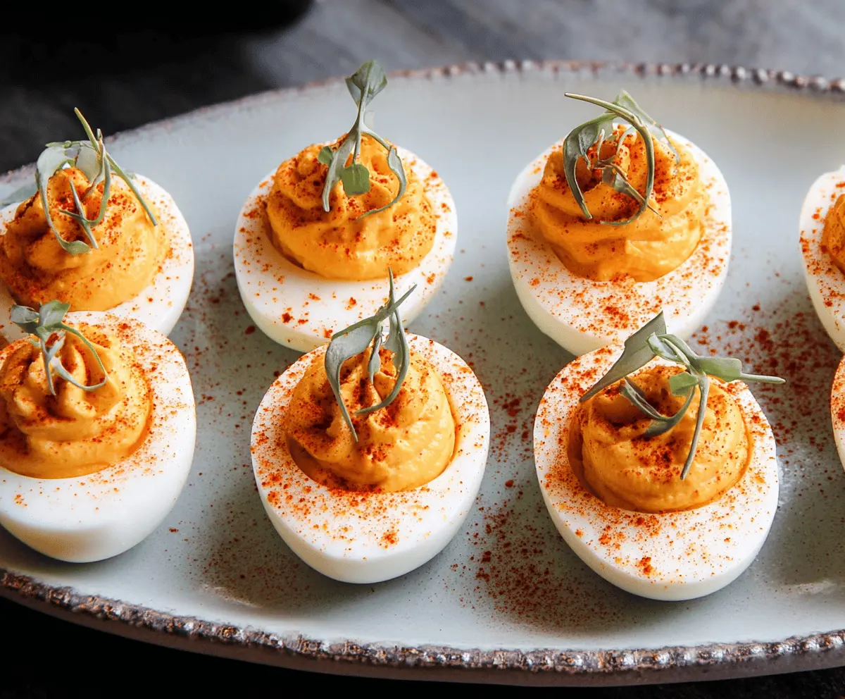 Delicious pumpkin-themed deviled eggs garnished with paprika and herbs, perfect for fall gatherings.