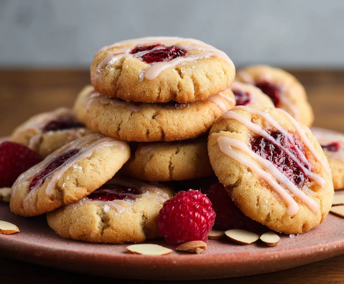 Delicious Raspberry Almond Butter Cookies on a rustic wooden table, showcasing their golden-brown crust and raspberry filling.