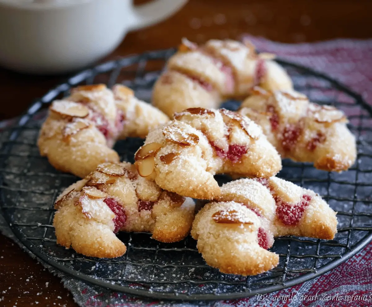 Delicious raspberry almond crescent cookies on a white plate, showcasing golden-brown pastry with raspberry and almond filling.