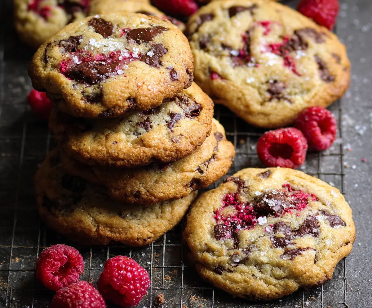 Delicious Raspberry and Chocolate Chip Cookies with fresh berries and melted chocolate
