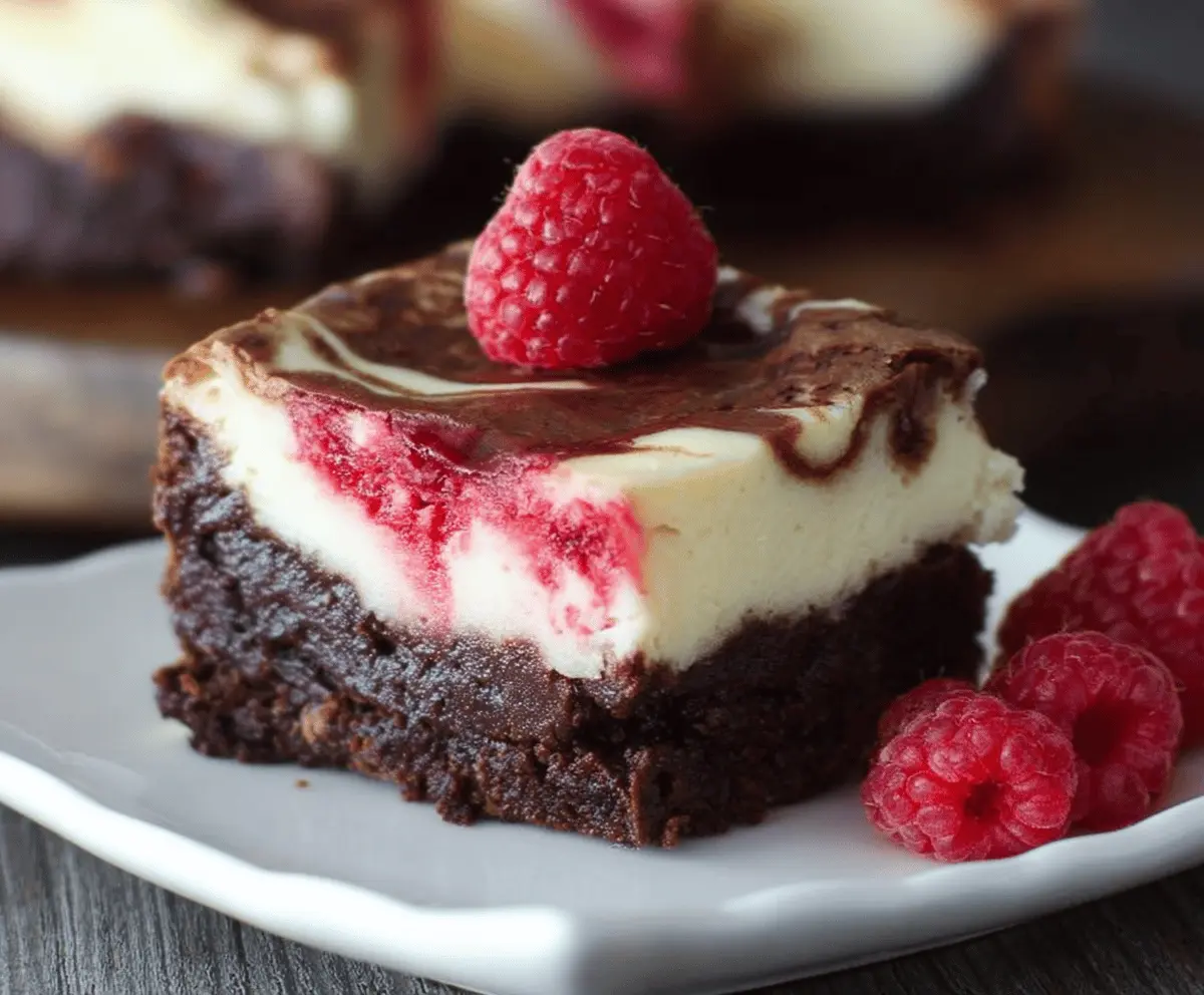 Delicious Raspberry Brownie Cheesecake with a creamy topping and fresh raspberries on top.