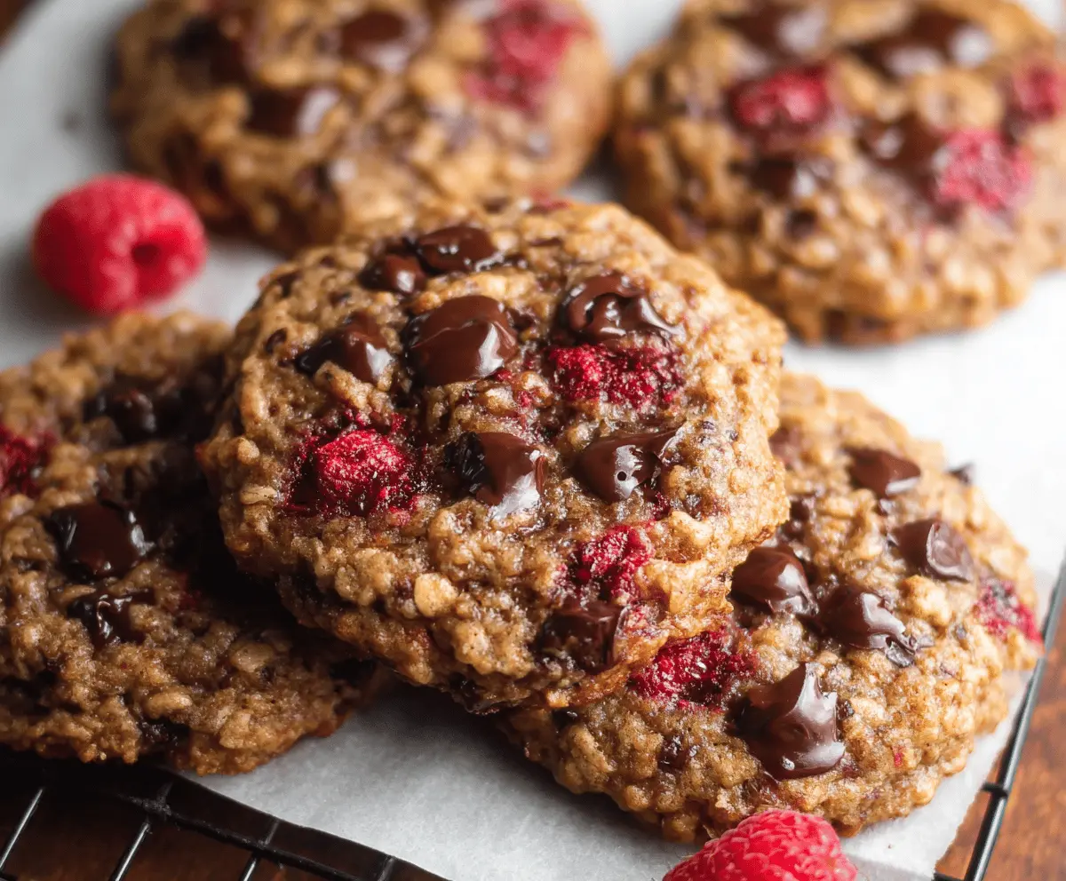 Delicious Raspberry Chocolate Oatmeal Cookies on a platter, highlighting fresh berries and melted chocolate.