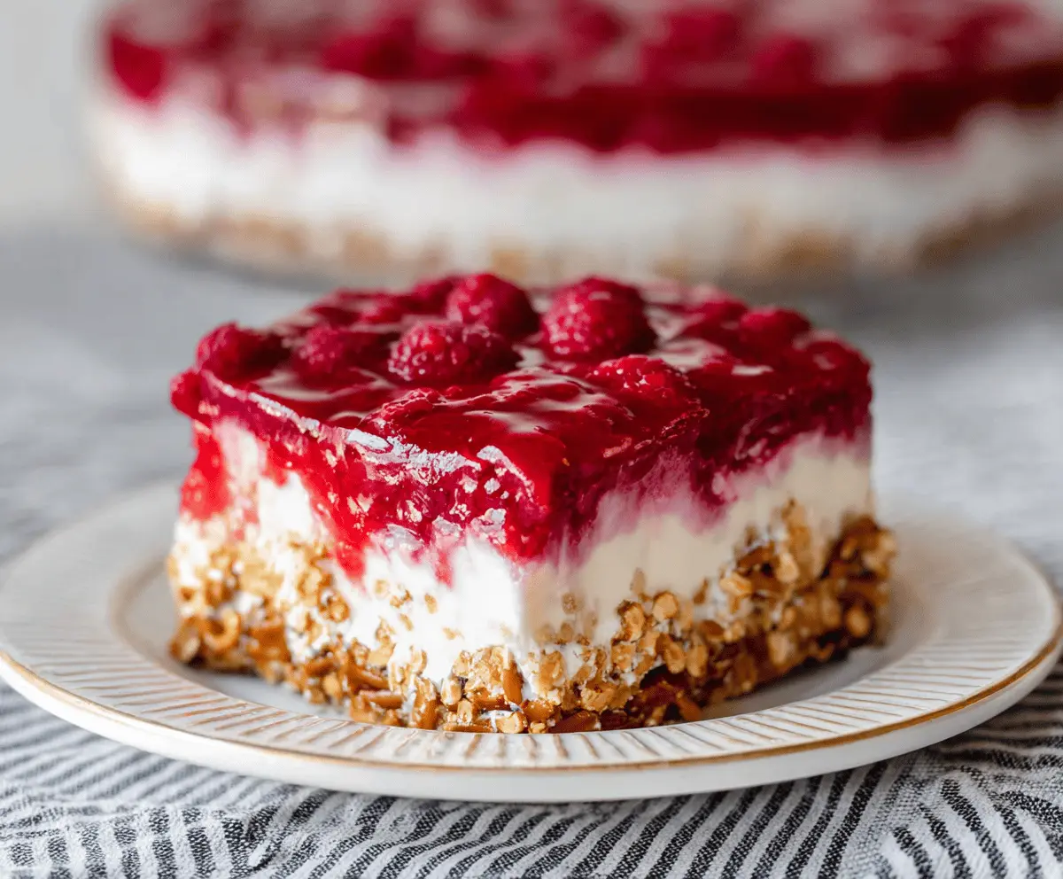 Delicious Raspberry Pretzel Salad Cake with fresh raspberries and crunchy pretzel crust