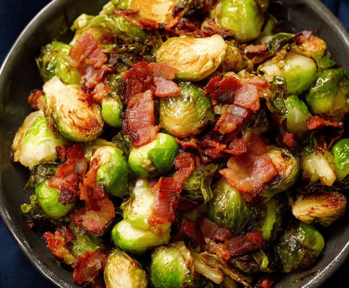 Delicious roasted Brussels sprouts with crispy bacon, perfect for a healthy side dish.