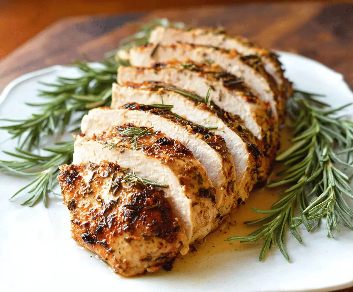 Juicy rosemary garlic turkey breast served on a platter with fresh herbs