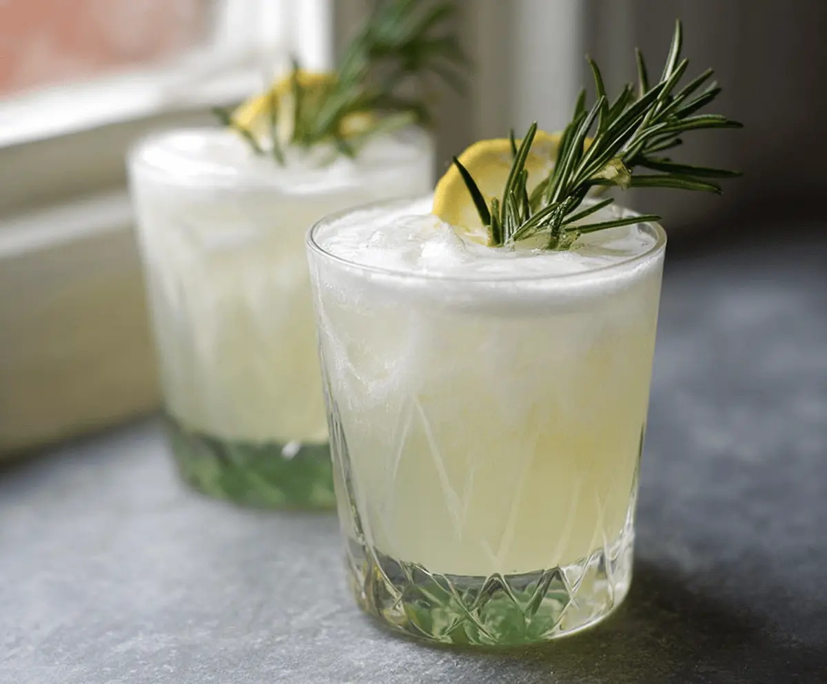 Refreshing Rosemary Gin Fizz cocktail garnished with fresh rosemary and lemon slice.