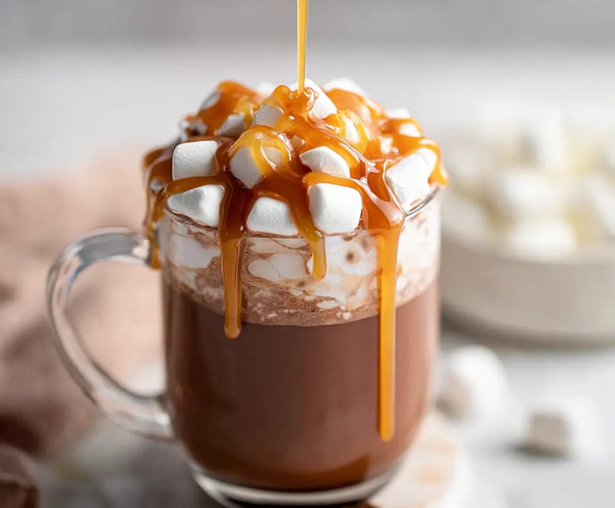 Warm salted caramel hot chocolate in a mug with whipped cream, perfect for winter cozy nights.