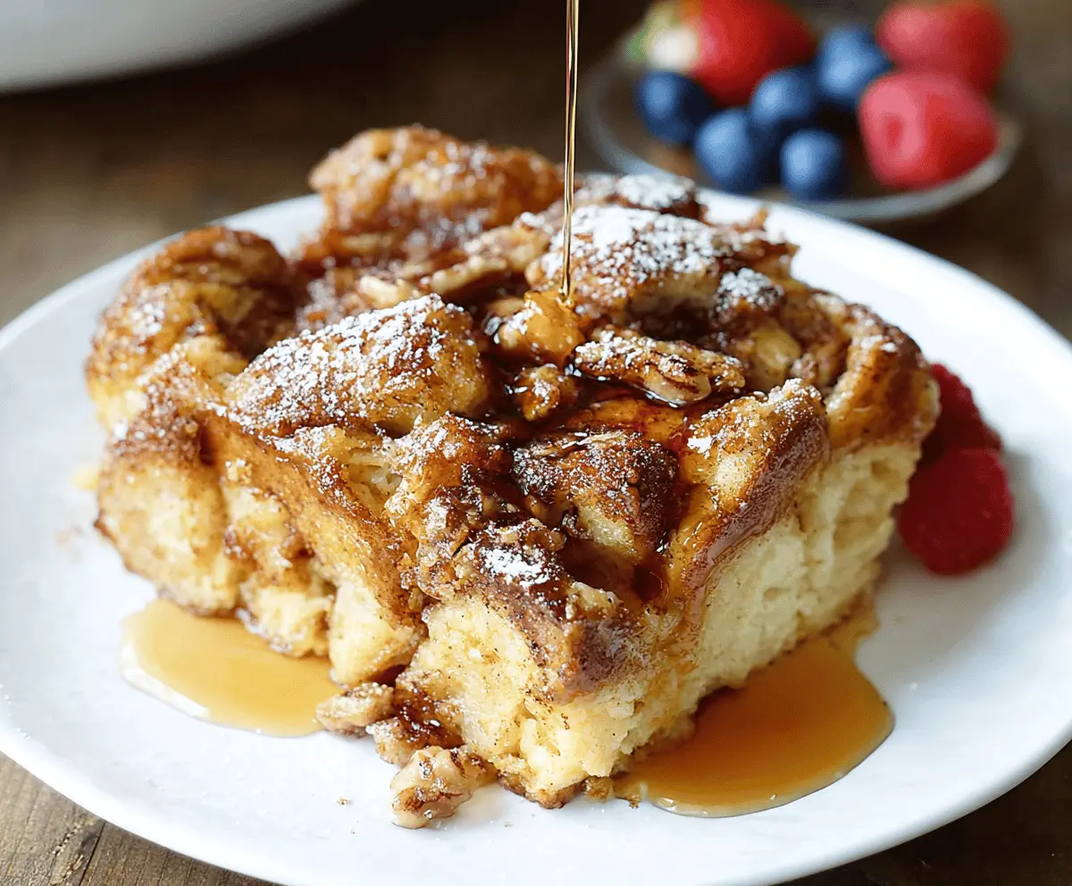 Delicious Slow Cooker French Toast Casserole topped with fresh berries and powdered sugar.