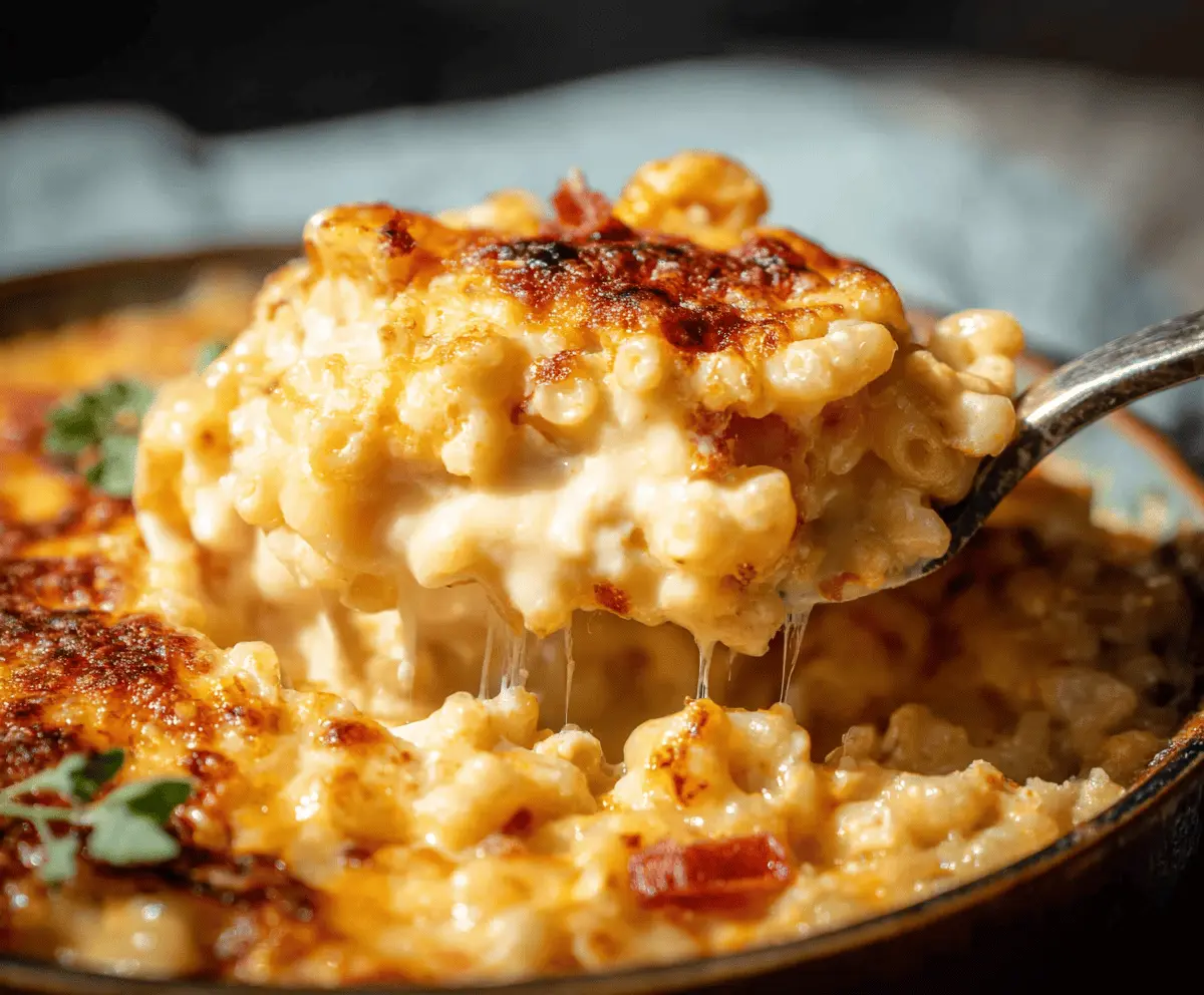 Creamy Southern Baked Mac and Cheese topped with golden breadcrumbs, served in a cozy kitchen setting.