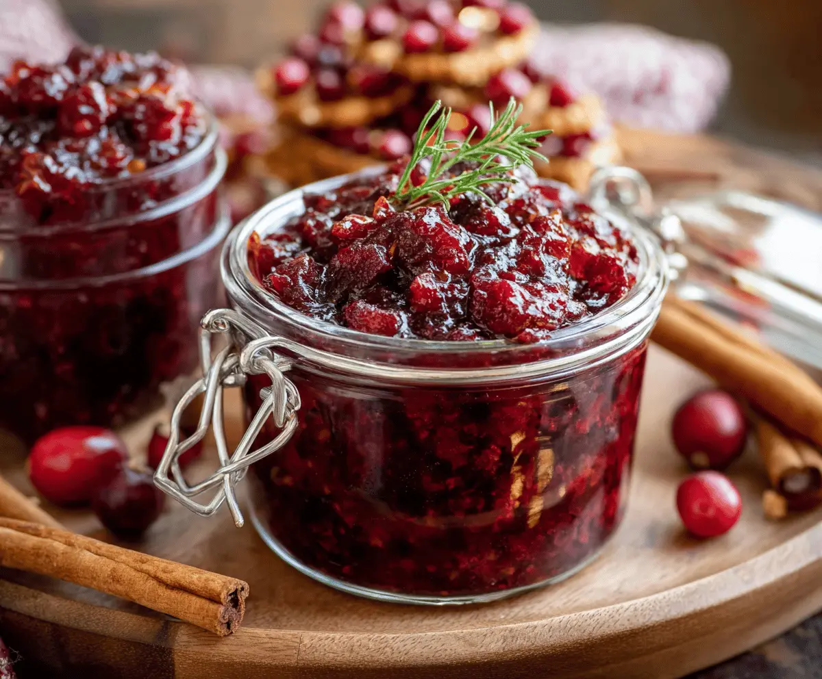 Spicy Chipotle Cranberry Chutney served with cheese and crackers on a rustic wooden table.