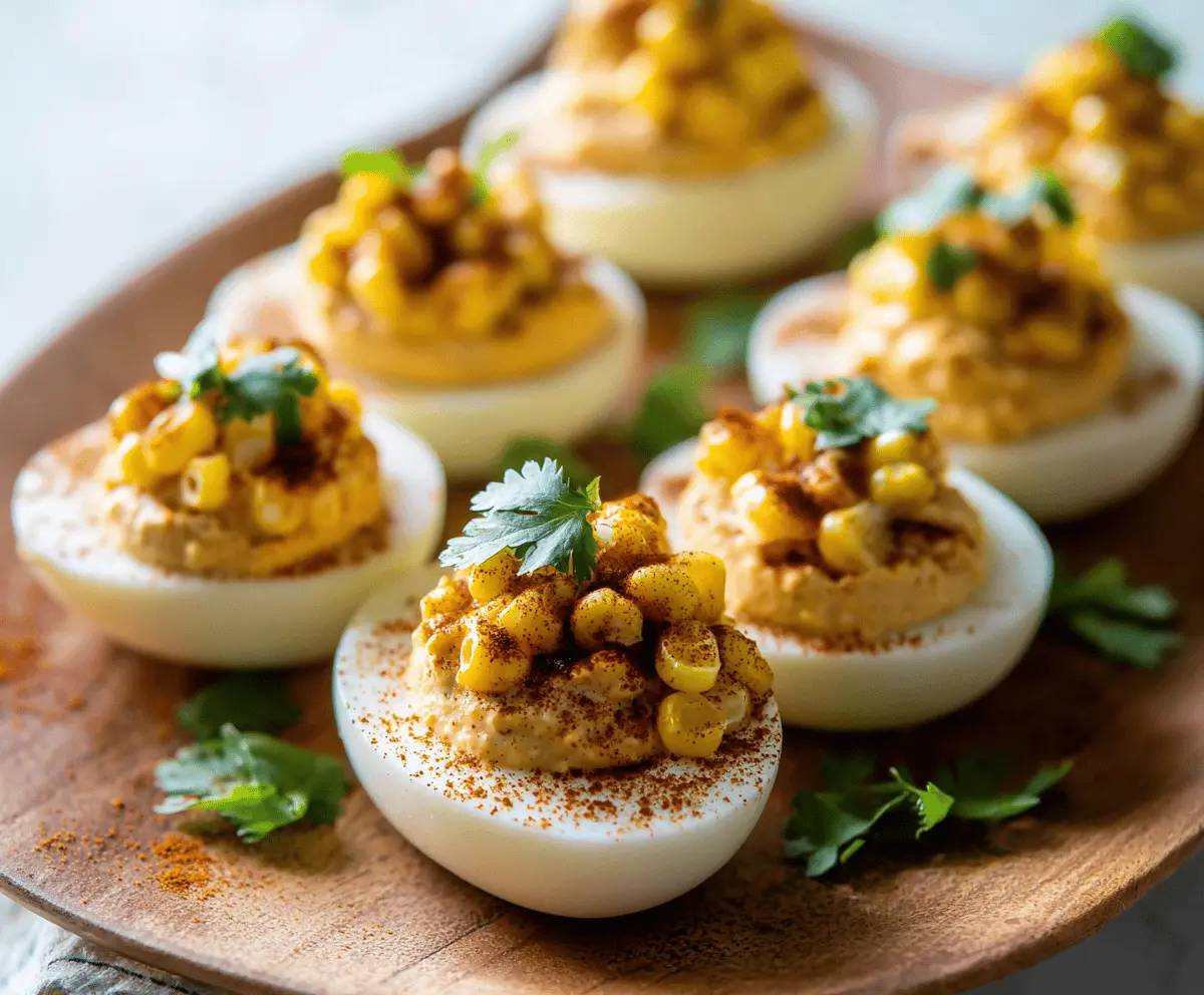 Delicious Street Corn Deviled Eggs topped with fresh cilantro and cotija cheese.