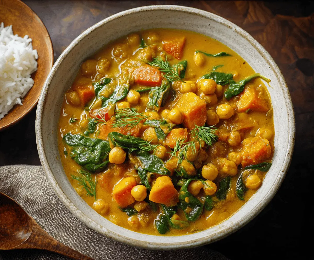 Creamy sweet potato chickpea curry soup in a bowl, garnished with fresh herbs and spices.