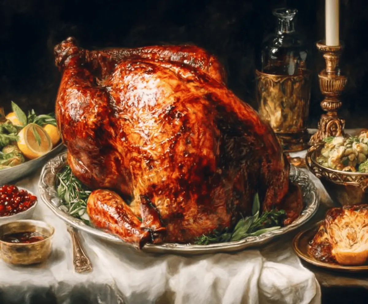 Juicy roasted Thanksgiving turkey with golden-brown crispy skin, perfect for holiday feast.