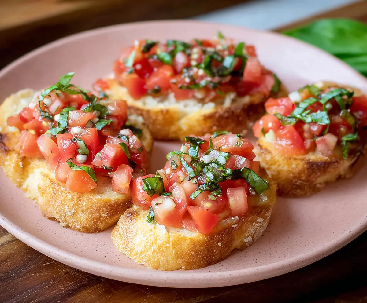 Delicious Tomato Basil Bruschetta with fresh tomatoes, basil, and toasted baguette slices.