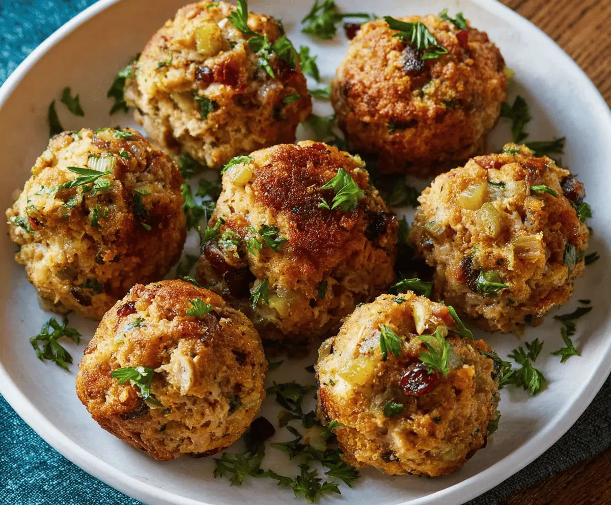 Golden turkey stuffing balls served on a festive platter, perfect for holiday dinners.