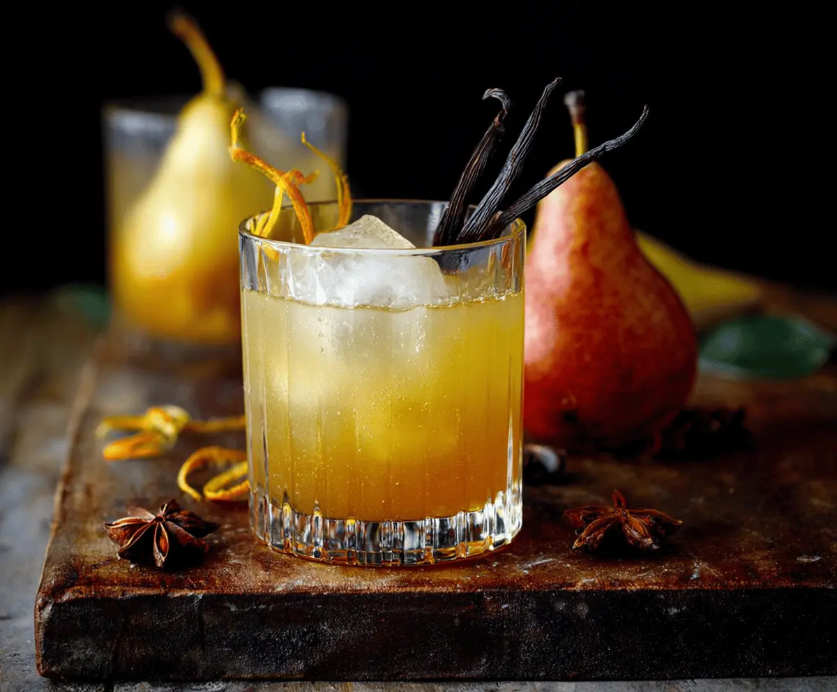 Vanilla Pear Bourbon Cocktail in a elegant glass with pear slices and vanilla beans on a bar counter