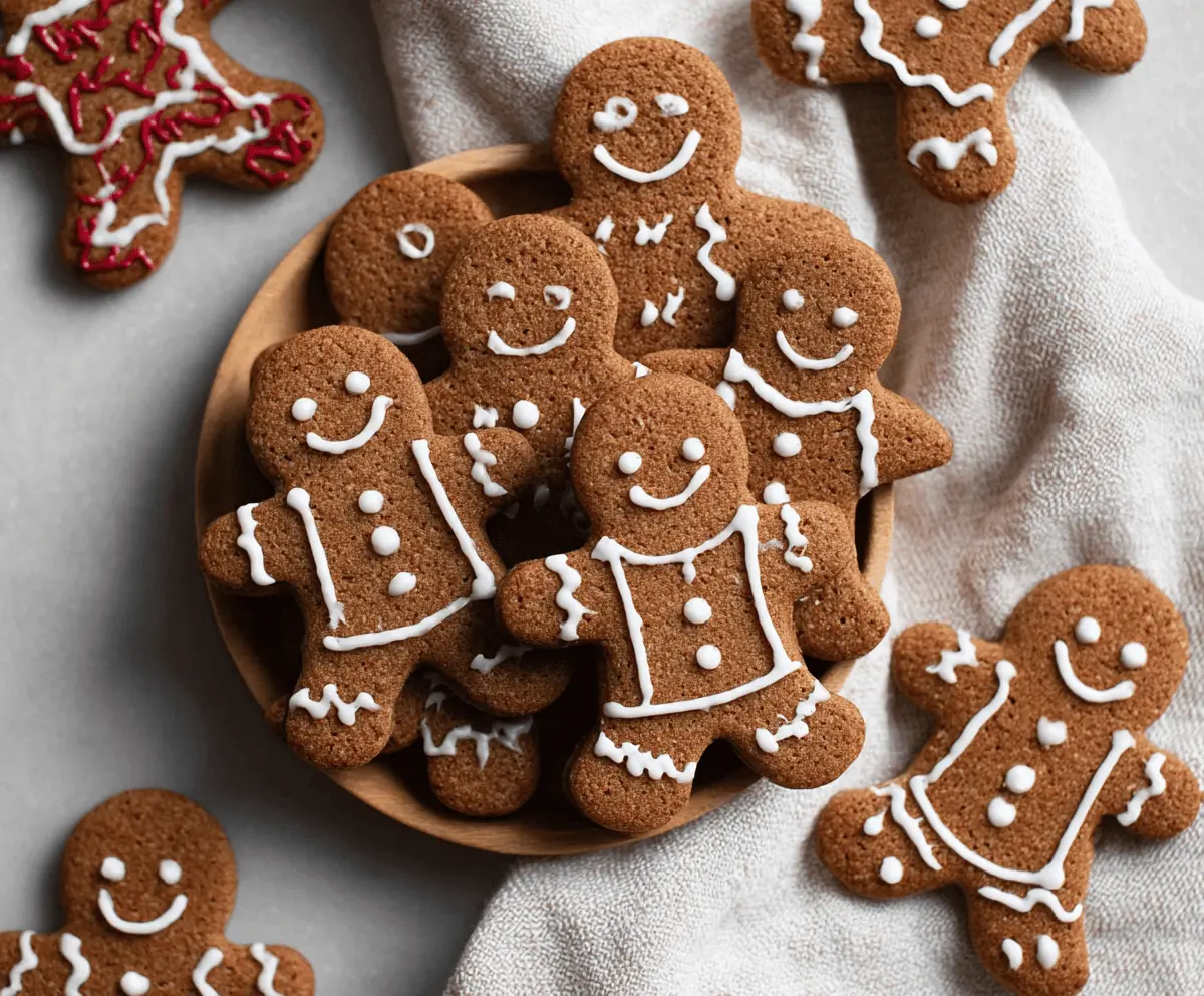 Vegan gingerbread cookies decorated with icing on a festive plate for holiday baking.