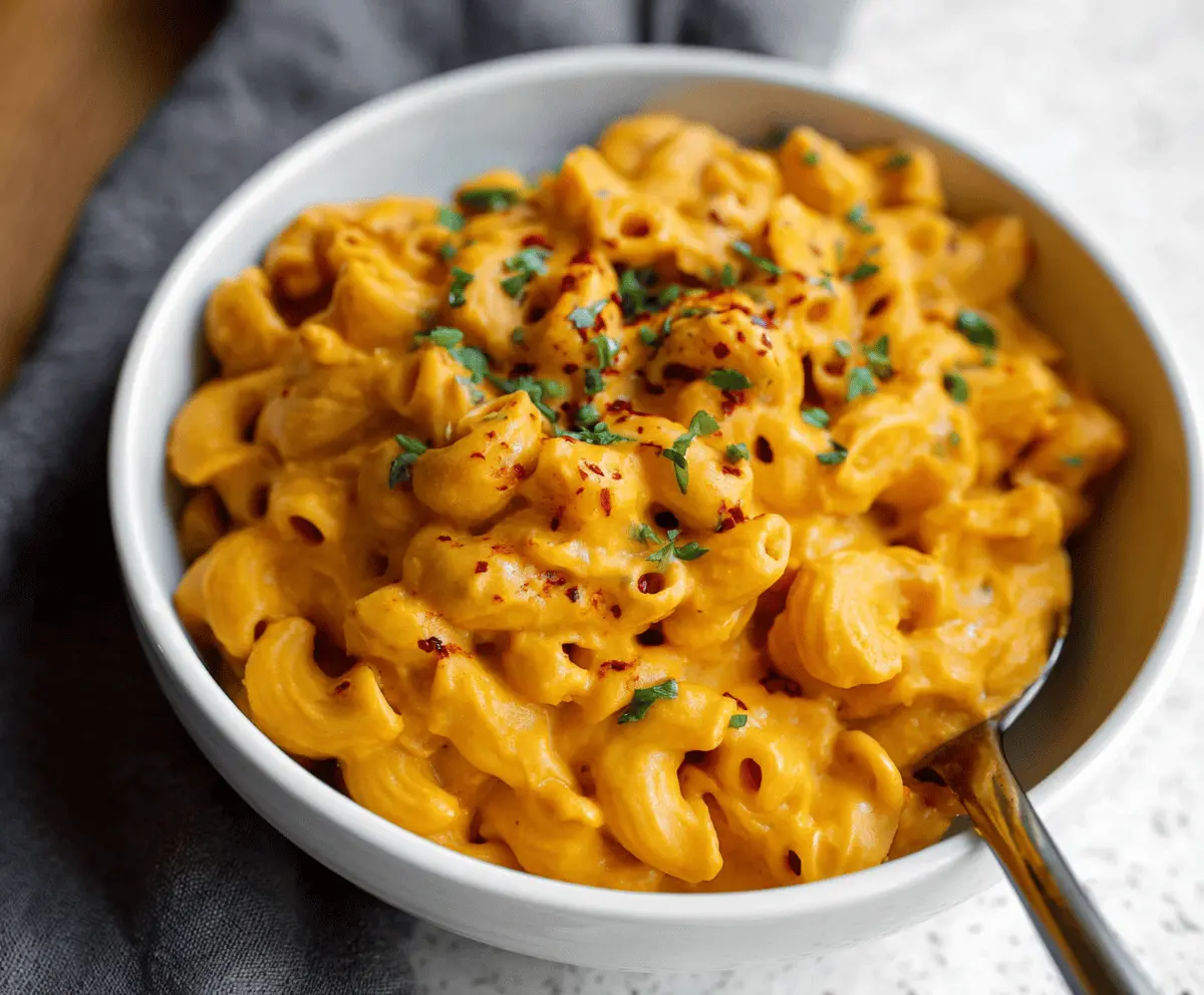 Creamy vegan sweet potato mac and cheese served in a bowl, garnished with fresh herbs.