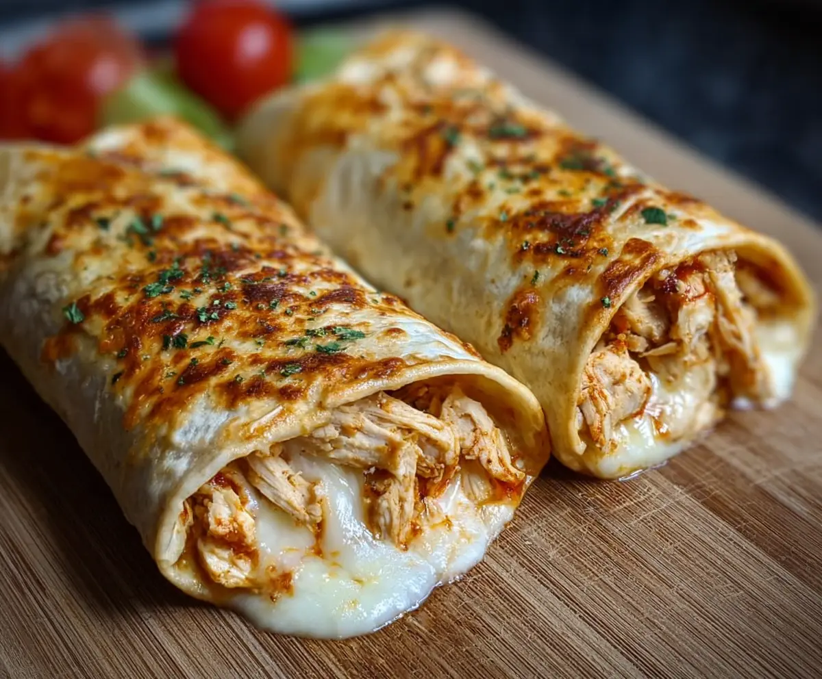 Delicious air fryer chicken and mozzarella wraps sliced open to reveal melted cheese and crispy edges.